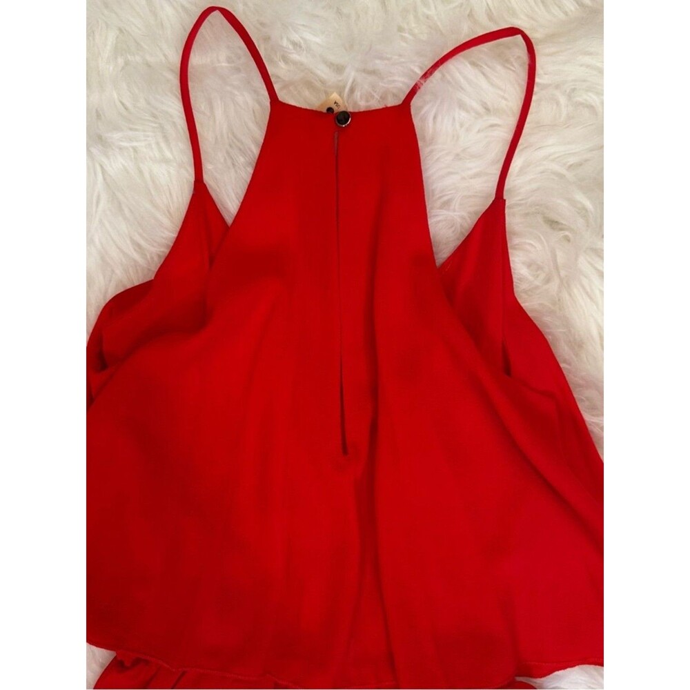 Red Orange Coral Ruffle Romper Small Flowy Layered V-Neck Summer Vacation Outfit - Picture 9 of 12